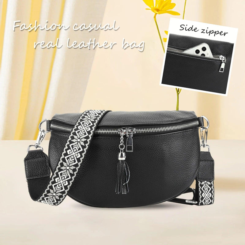 Women Genuine Leather Fanny Packs Fashion Banana Bags Guitar Strap Chest Bag Solid Color Shoulder Bags Ladies Luxury Brands Bags - CRAVO ROSE