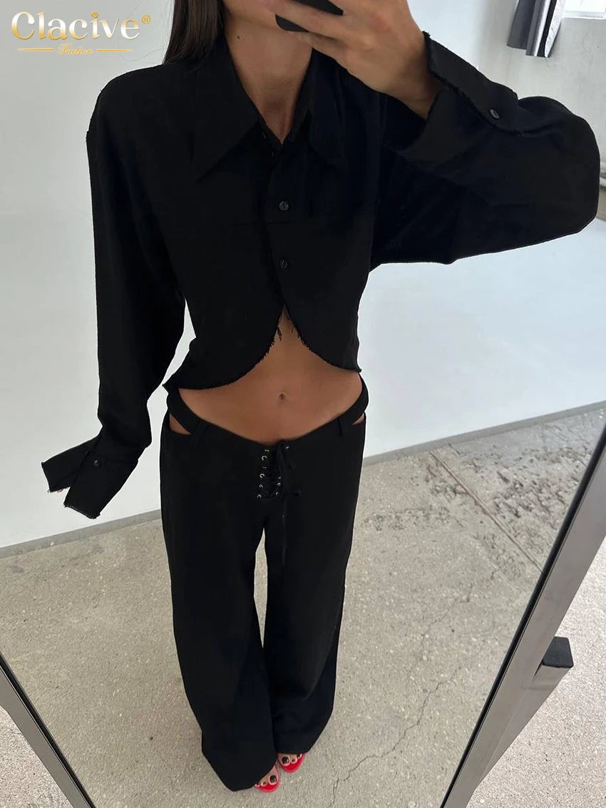 Conjunto de Duas Peças Elegantes Camisa de Manga Longa com Cintura Média Calças Largas Conjunto Streetwear