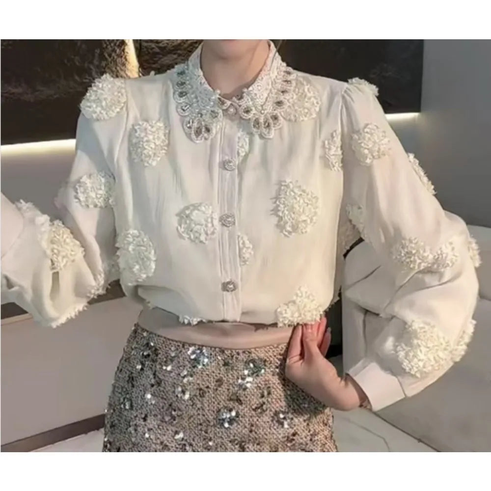 Blusa básica de manga comprida, gola polo vintage, gravata, abotoamento simples, solta, com strass, moda urbana francesa, blusa de outono