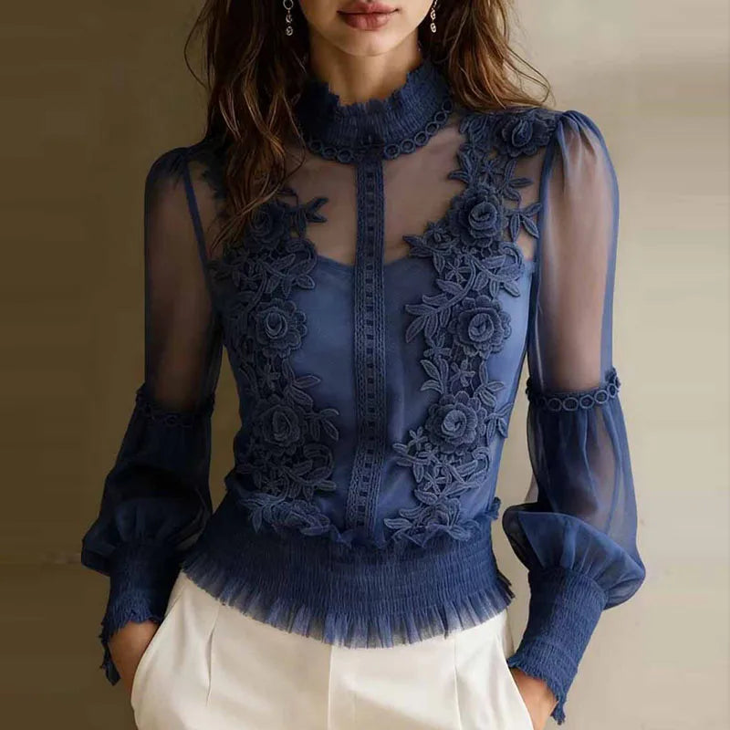 Spring Elegant Lace Mesh Hollow Sexy Blouses Women High Neck Embroidered Sheer Shirt Summer Vintage Smocked Waist Ruffle Hem Top