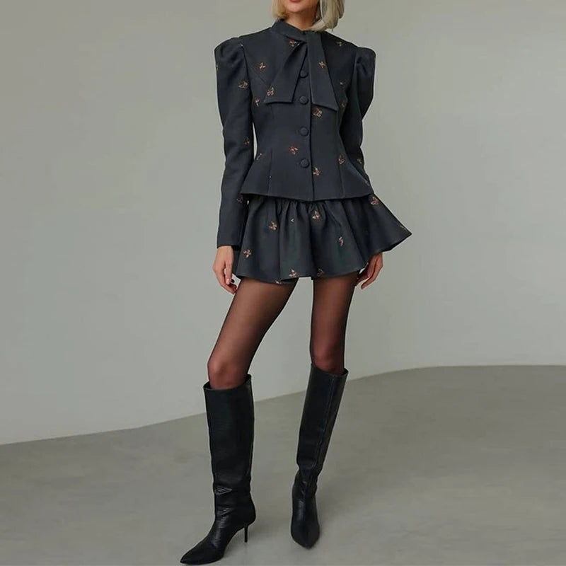 Vintage Printed Long Sleeve Shirts And Skirts Sets Elegant Lady Pleated Mini Skirts Sets Spring Summer New High Waist Skirts Set