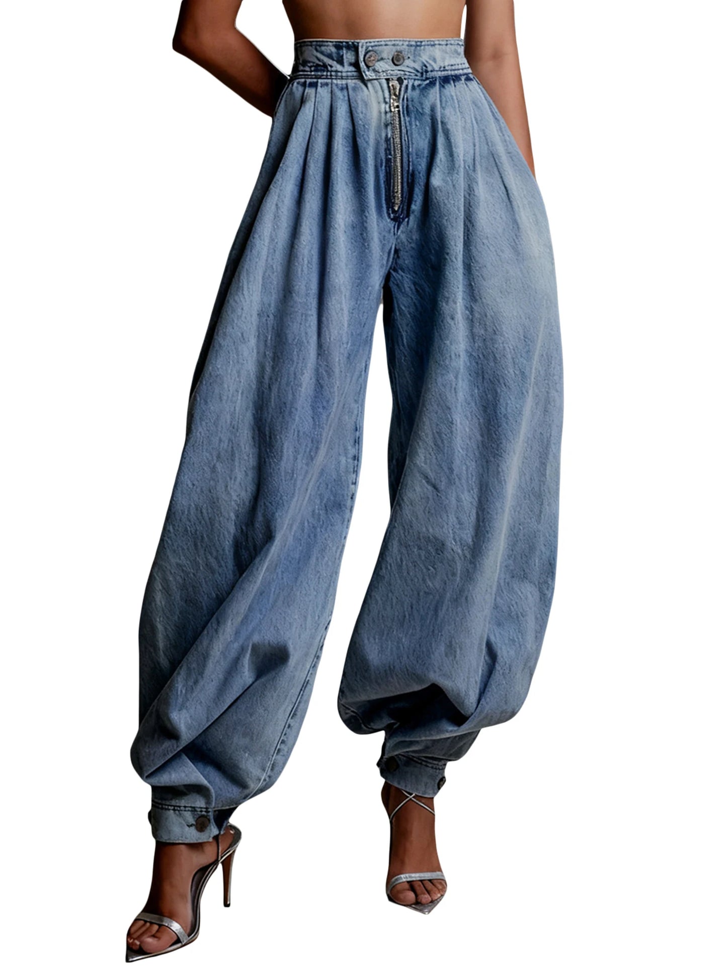 Women Harem Denim Pants Causal High Waist Wide Leg Baggy Solid Color Trousers with Pockets