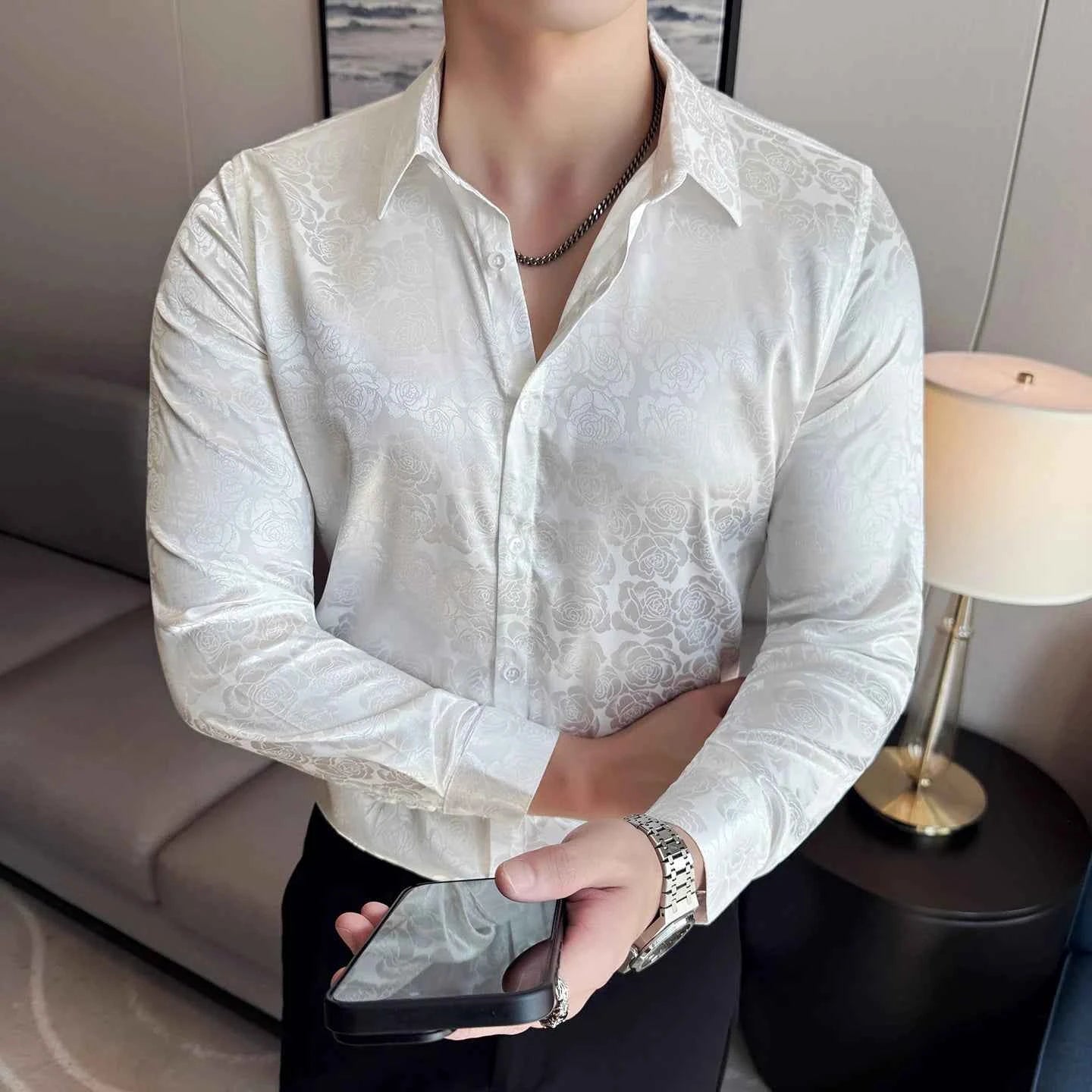 Men's Social Shirt New Rose Printed Long Sleeve Shirt Luxury Fashion Business Slim Fit Formal Shirt Men's Clothing 4XL-M