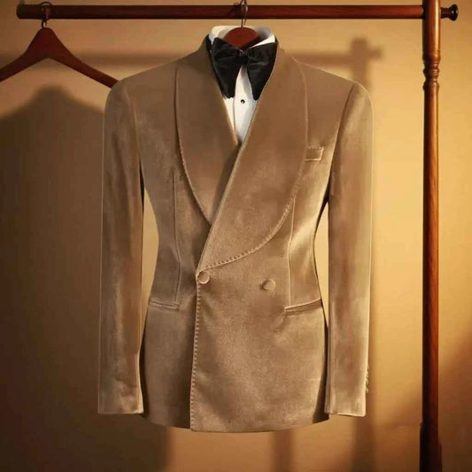 Formal Velvet Men's Suits Blazer Double Breasted Jacket 1 Piece Elegant Slim Fit Male Clothing Wedding Men Business Casual Coats
