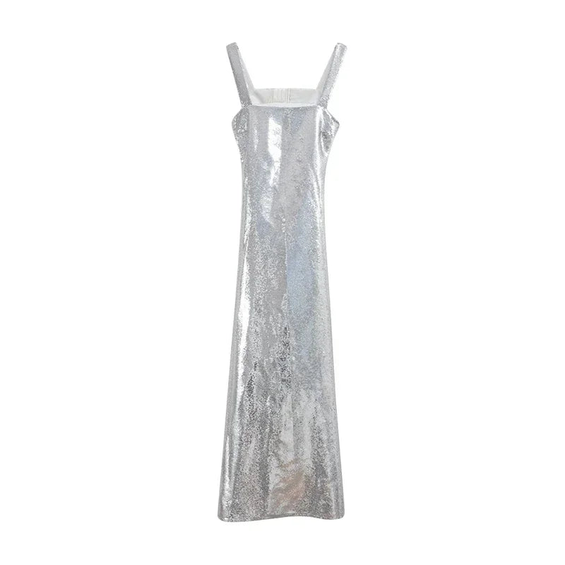 Jinia sexy sling backless silvery party women dresses evening luxury sequins bodycon sleepveless long dress ladies ball gown hot