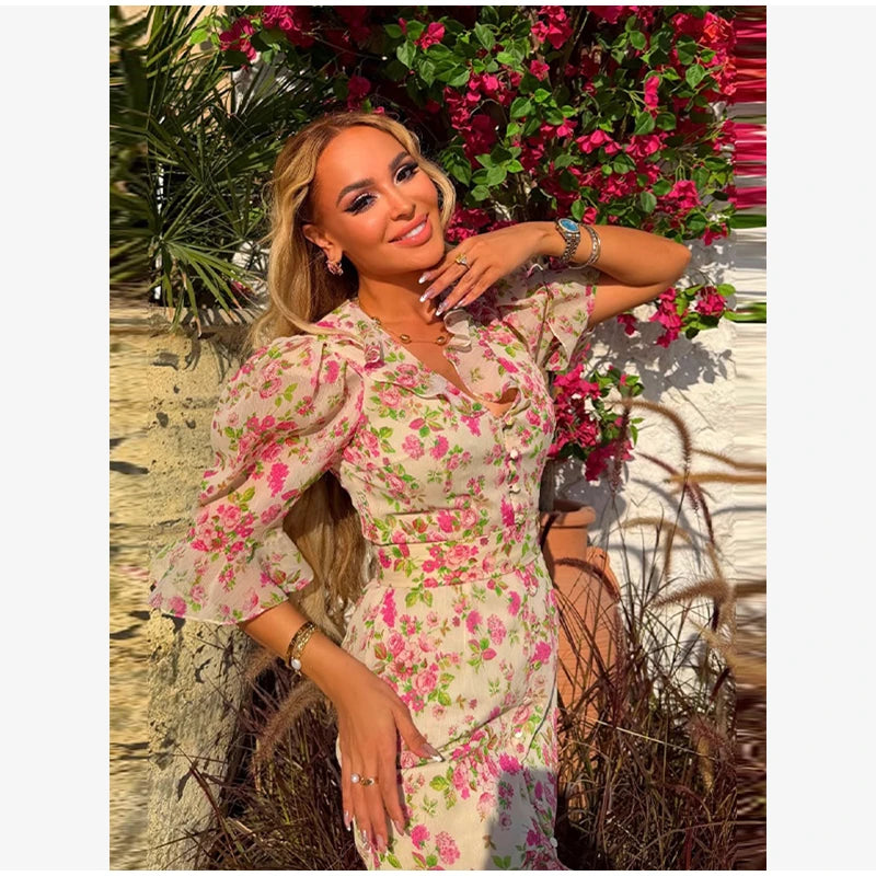 Women White Floral Print Maxi Dress V Neck Puff Sleeve Peplum Waist Fishtail Hem Chiffon Robe Elegant Party Wedding Guest Gown