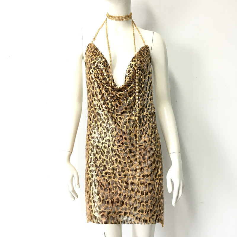 Women Leopard Print Metal Sequins Mini Dress Summer Sexy Deep V Neck Backless Halter Neck Party Dress Nightclub Streetwear