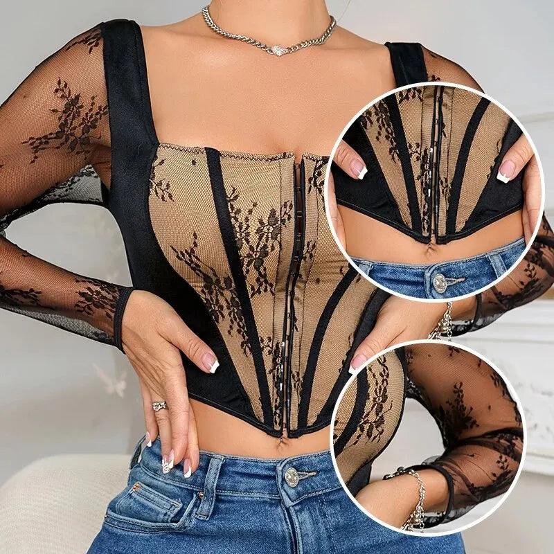 Women's Sexy Semi Transparent Long Sleeved Embroidered Lace Patchwork Hollow out Tight Fitting Design Square Neck Casual Top - CRAVO ROSE