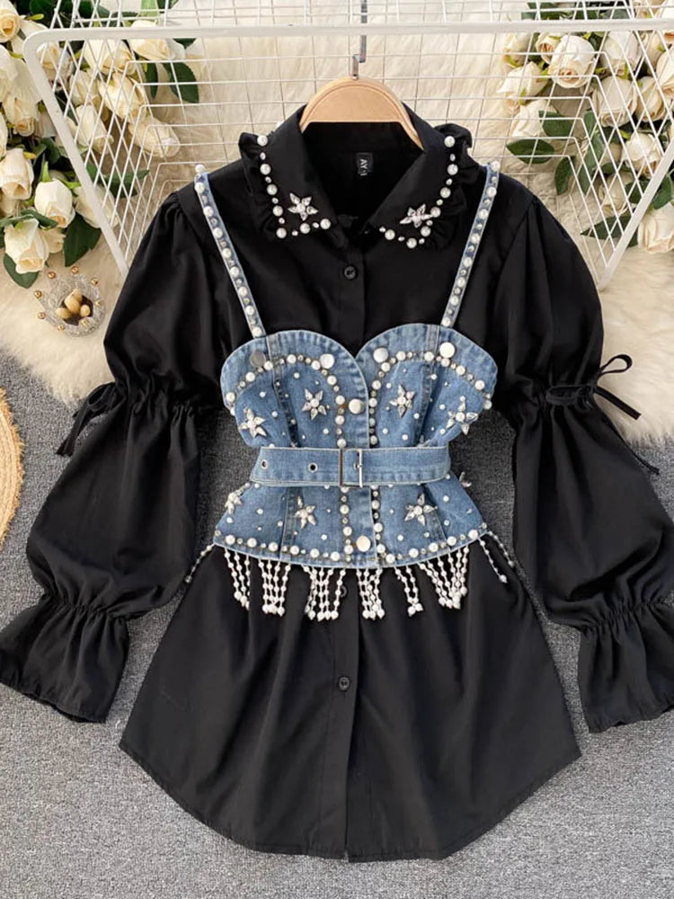 Blusa feminina nova primavera outono com contas de diamantes e manga bufante, top com borlas e pérolas, colete com alça, camisa de duas peças