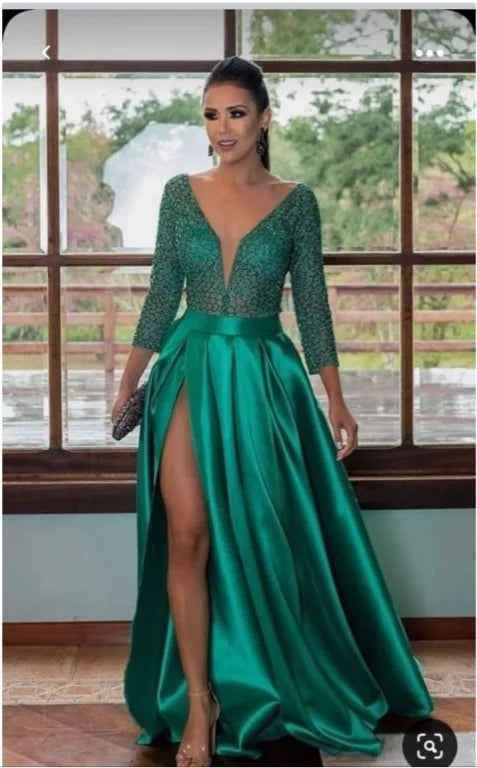 Funyue Elegant Jade Green A-Line Prom Dress Long Sleeves Formal Party Dresses Lace Satin Muslim Evening Gowns 2025