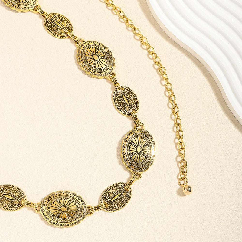 Retro style women's metal waist chain accessories Decorative circle carved chain belt high style accessories