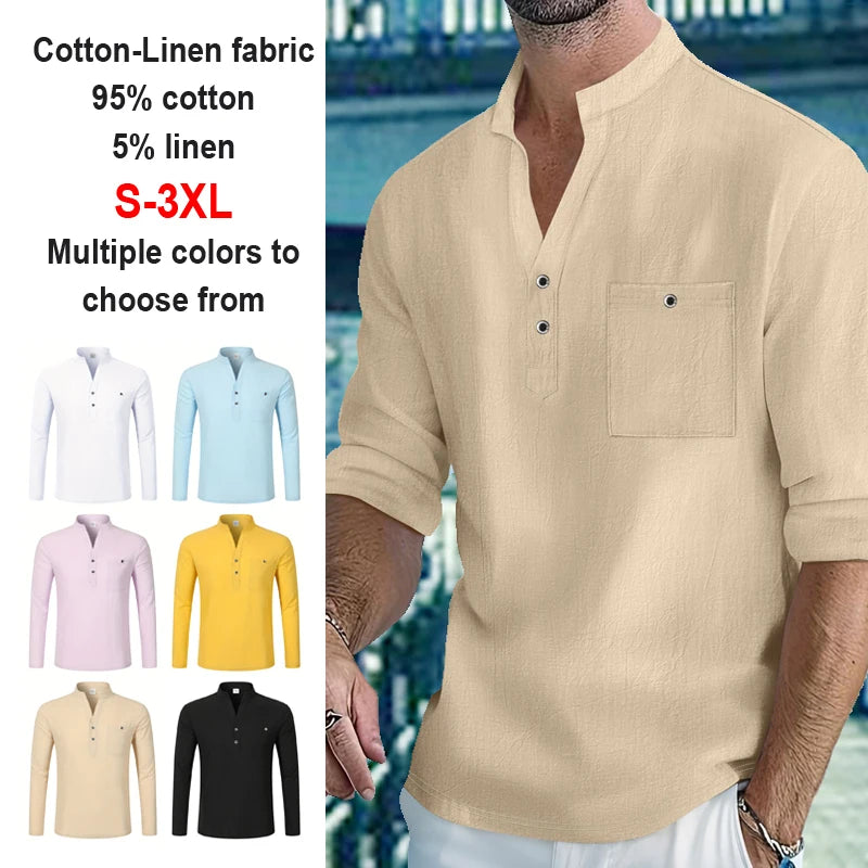 Men's Lightweight Shirts Long Sleeve Henley Cotton Linen Shirts for Male Beach Hawaiian V-neck Top Breathable Polo Shirts top