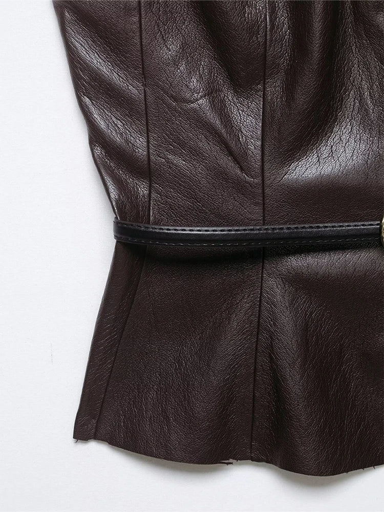 HH Vintage Women's Leather Suits 2026 Spring Summer Round Neck Belted Vest Top+Front Split Long Skirts Female Two-Piece Set