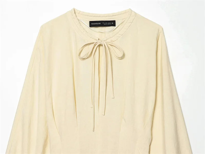 Women's Dress 2026 Summer New Beige Long-Sleeve Loose Tie-Decorated Long Dress Elegant and Graceful Beach Vacation