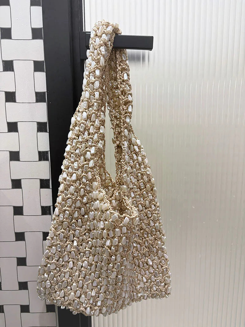 Fashion Versatile Pearl White Beading Bag Handheld Women Summer New Style Light Luxury Single Shoulder Underarm Bag