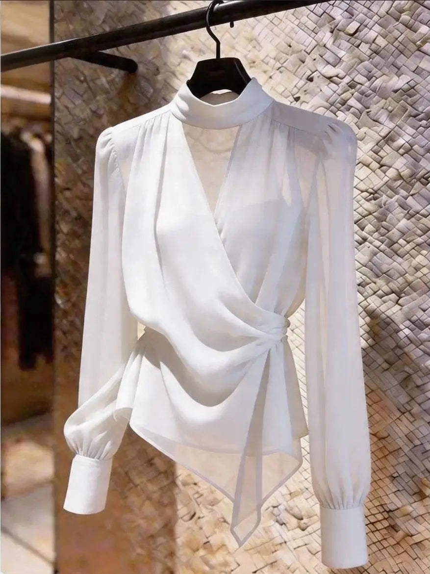 Elegant V-Neck Long Sleeve Women's Shirt Asymmetric Fashionable Versatile Top for Summer Season French Style Slim Fit Shirt