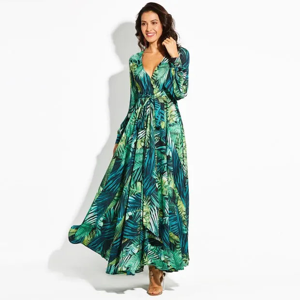 Women's 2024 Autumn New Lantern Sleeves Sexy Deep V Fashion Printed Dress Green Leaf Strap Waist Ankle Long Dress