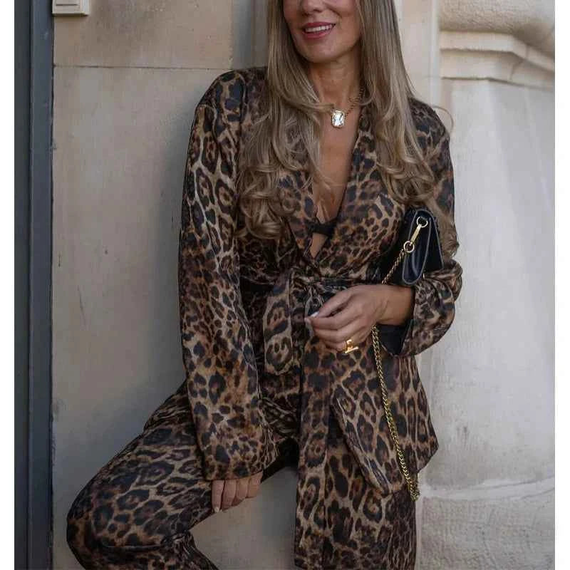 MUJER Leopard Print Blazers Woman Outfit Straight Leg Pants Sets for Women 2 Pieces Jacquard Office Blazer Women's Trouser Suit