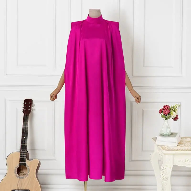 VONDA Women Elegant Satin Dress 2024 Fashion Long Bat Sleeve Stand Collar Evening Pleated Maxi Sundress Casual Solid Loose Robe