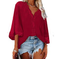 Blusa feminina de chiffon com costura de renda, decote em V, manga flare, blusa solta de verão, moda simples