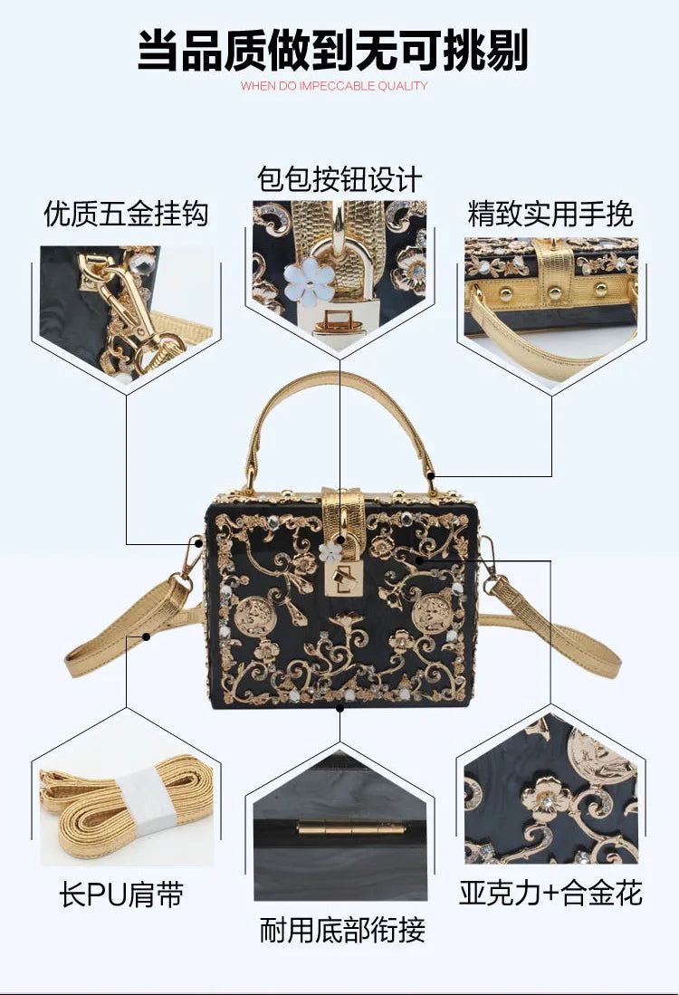 Box Designer evening bag diamond flower Clutch Bag hollow relief Acrylic luxury handbag banquet party purse women's Shoulder bag