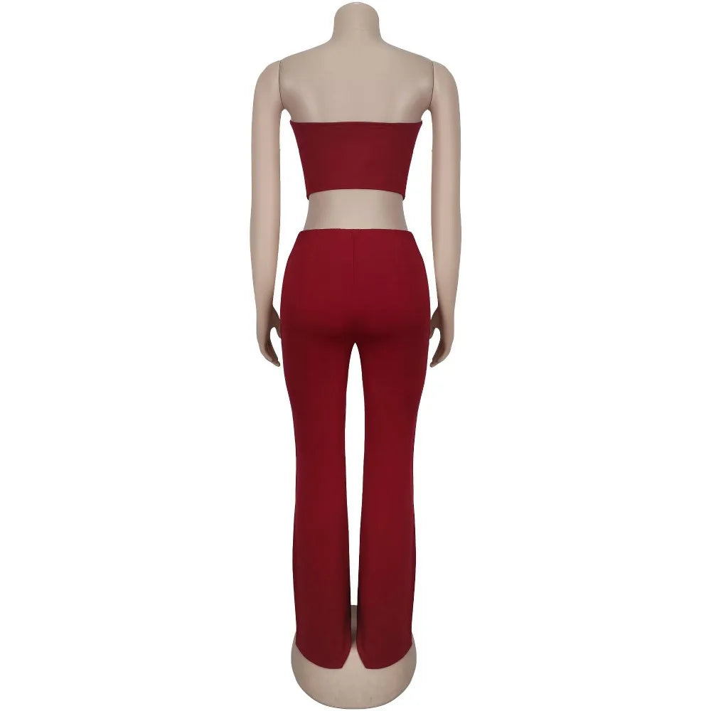 FLARORA Fashion Metal Ring Holes 2 Pcs Sets Woman Sleeveless Hollow Out Crop Tops And High Waist Flare Pants Elegant Streetwear
