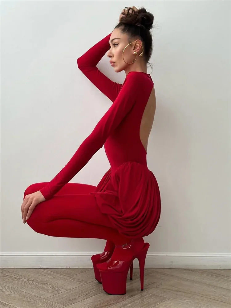 Tuularose Red Hollow Dress Women High Waist Sexy Backless Long Sleeve Gathered Dress Summer Patchwork Retro Party Evening Dress