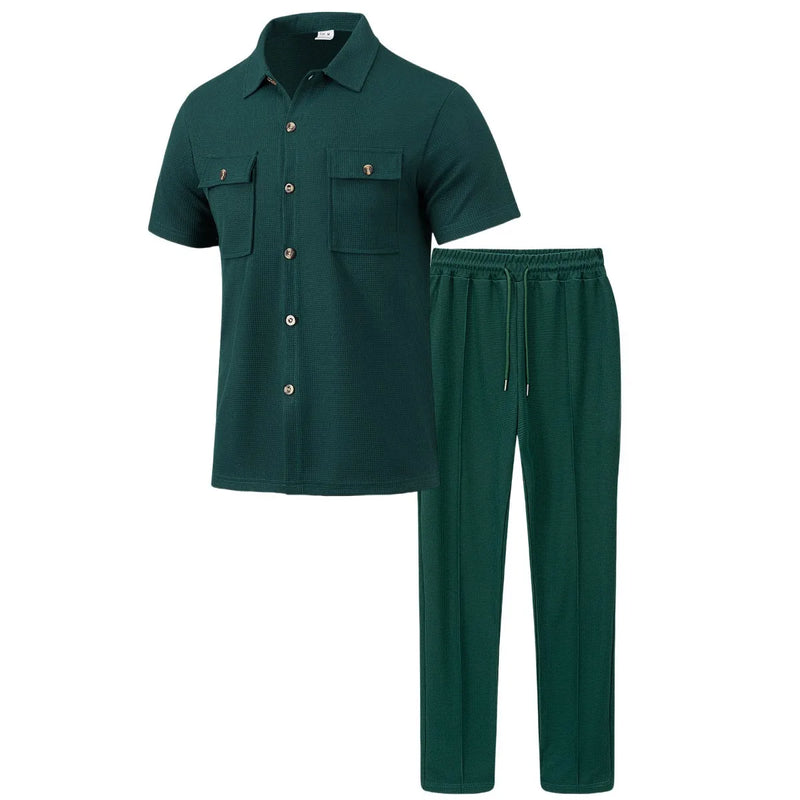 Conjunto de duas peças masculino, camisa casual leve, cor sólida, bolso com botão, tendência waffle, manga curta, calça, verão 2025