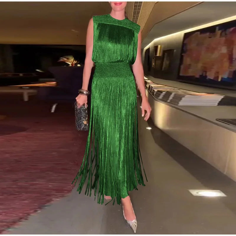 Elegant Tassel Maxi Dress Women Slim Spring Summer O-neck Shine Ankle-length Dresses Lady Sleeveless Solid Robe Female Party