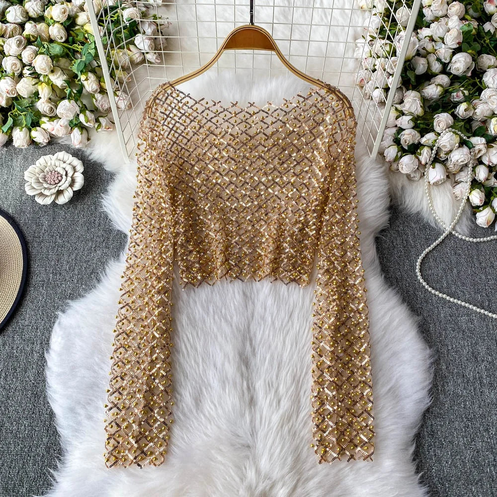 Slim Fit Short Sleeveless T-Shirt Women's New Style round Neck Long Sleeve Shiny Sequin Heavy Duty Bead Commute Style Korean ...