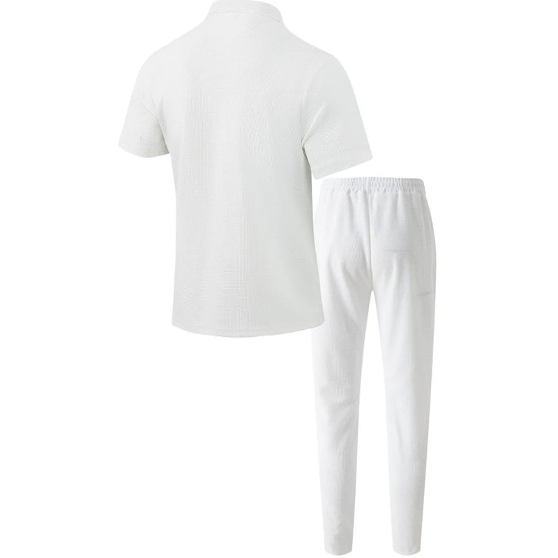 Conjunto de duas peças masculino, camisa casual leve, cor sólida, bolso com botão, tendência waffle, manga curta, calça, verão 2025
