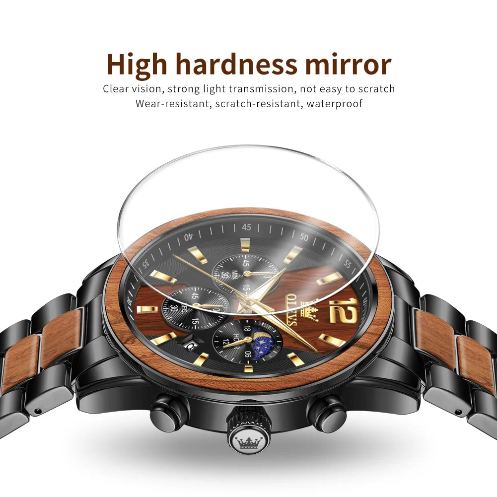 OLEVS 3645 Mens Watch Top Brand Business Original Quartz Watch Solid Wood Multifunctional Chronograph Watch Moon Phase Reloj New