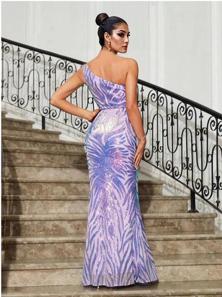 Lavender Pink One Shoulder Sequin Maxi Dress Sleeveless Evening Party Prom Gown for Women - CRAVO ROSE