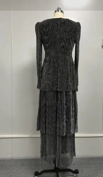 Vestido Feminino Plissado Costura Cintura Alta Vestido Feminino Manga Bufante Decote Em V Irregular Festa À Noite Vestido Elegante