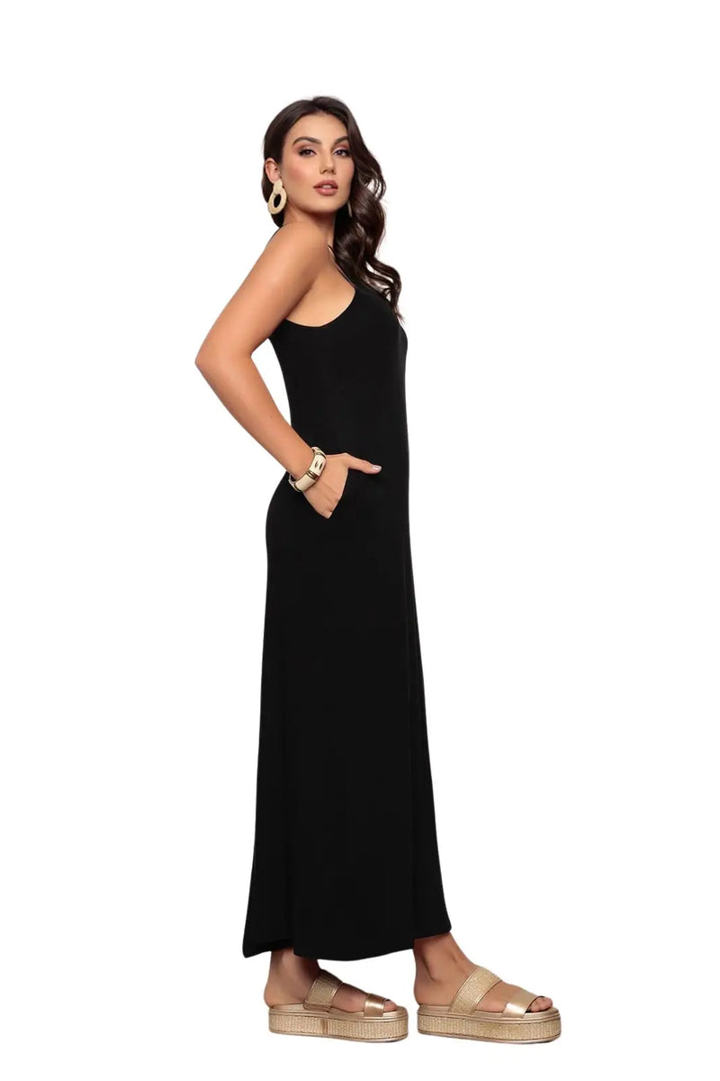 Vestido longo de poliéster com bolsos pretos