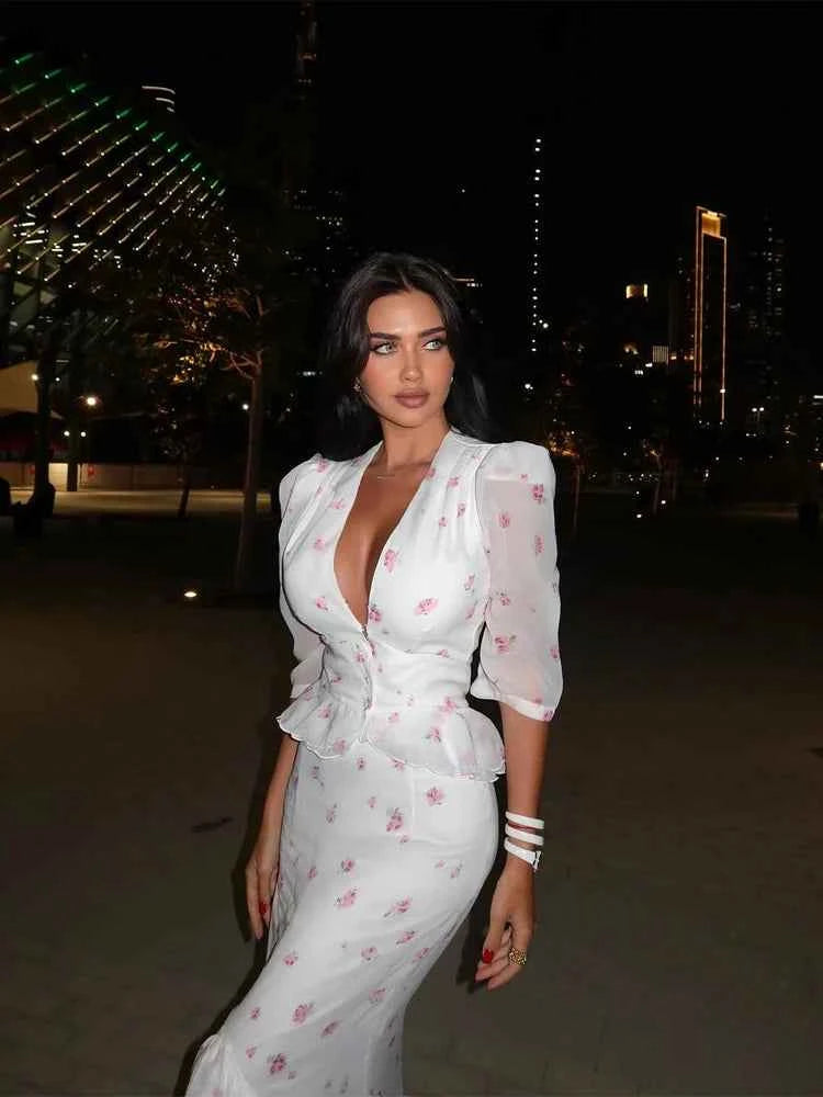 Women White Floral Print Maxi Dress V Neck Puff Sleeve Peplum Waist Fishtail Hem Chiffon Robe Elegant Party Wedding Guest Gown