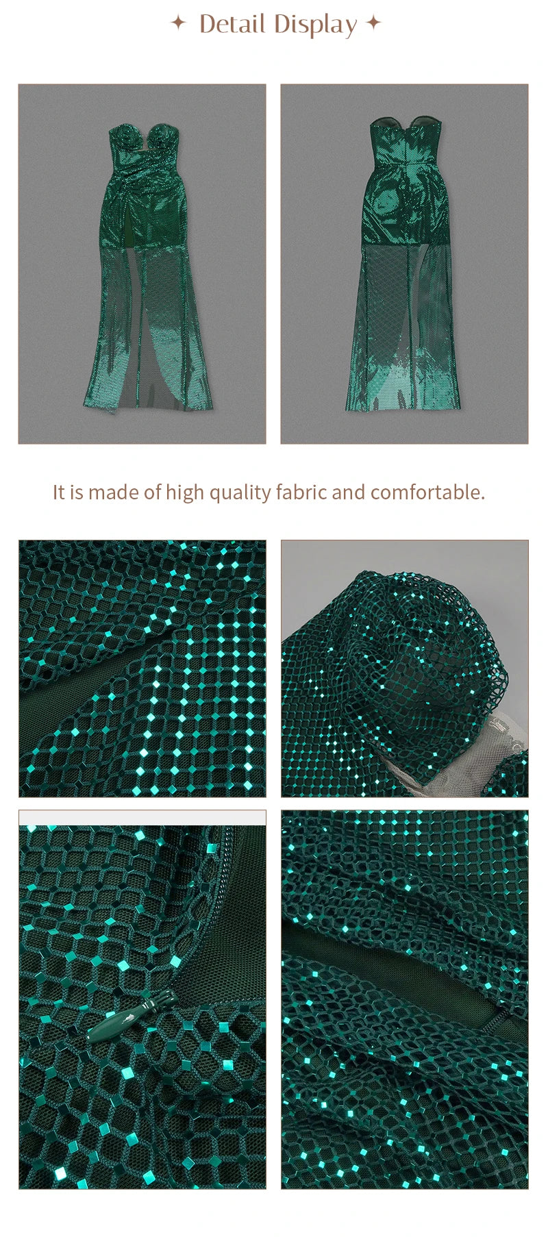 VC Glamorous Strapless Green Sequin Maxi Dress with Corset Style Bodice and Slit Party Evening Gown