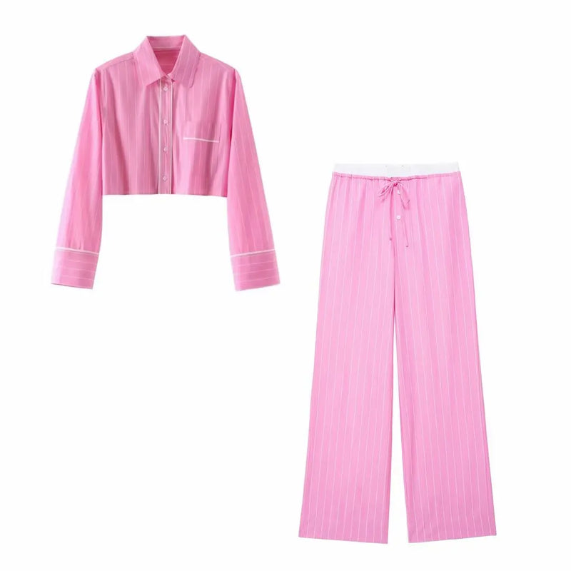 TRAFZA Women 2 Piece Set Elegant High Waist Loose Drawstring Pocket Wide Leg Pants Stripe Lapel Pocket Button Shirt Top Traf