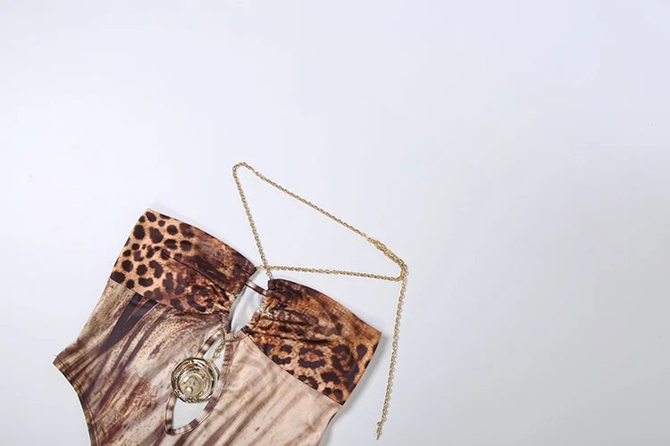 Kliou Sexy Fashion 2 Piece Set Woman Leopard Print Metal Chain Halter Backless Skinny Bodysuit+Tassel Long Skirt Wild Style Suit