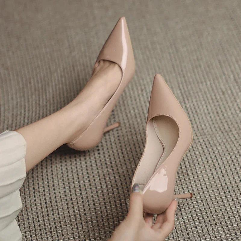 Autumn New Nude Lacquer Leather High Heels with Thin Heels Versatile Pointed Shallow Mouth Single Shoes - CRAVO ROSE