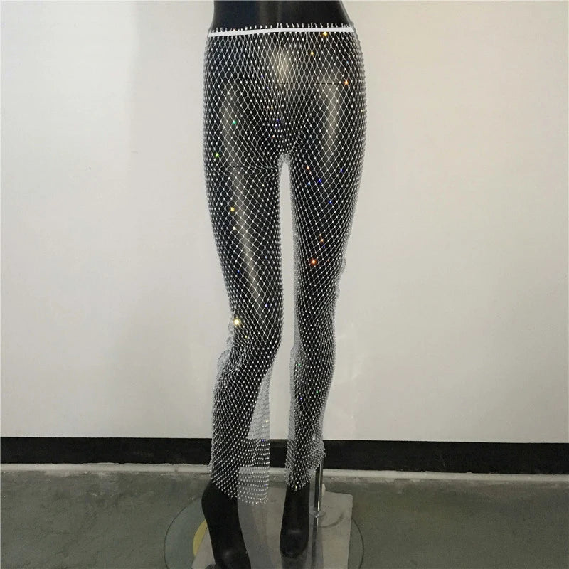 Sexy y2k streetwear Fishnet Rhinestone pants women clothing see through club party pants vintage clothes wide leg pants trousers