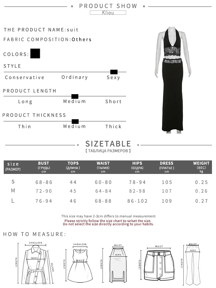 kliou Lace Patchwork Women 2 Piece Set Halter Fashion Backless Sheer V-neck Tanks+Trim Matching Long Skirts Mujer Elegant Suits