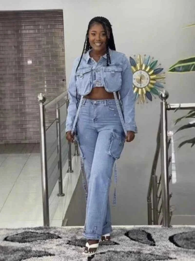 Street Denim 2 Piece Sets Women Outfit Autumn Clothes Women Jean Cropped Jacket Straight Jeans Pant Sets Safari Style Woman Sets