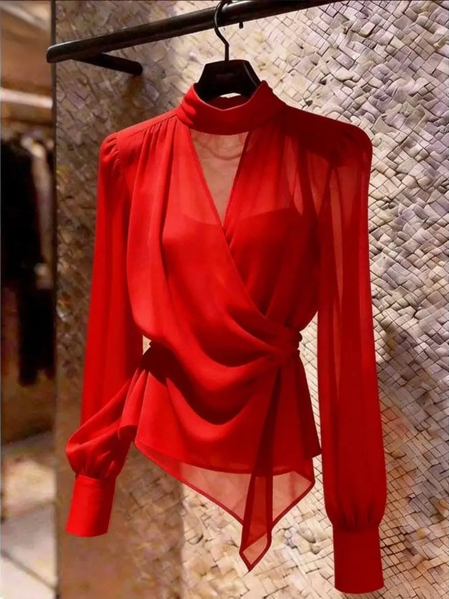 Elegant V-Neck Long Sleeve Women's Shirt Asymmetric Fashionable Versatile Top for Summer Season French Style Slim Fit Shirt