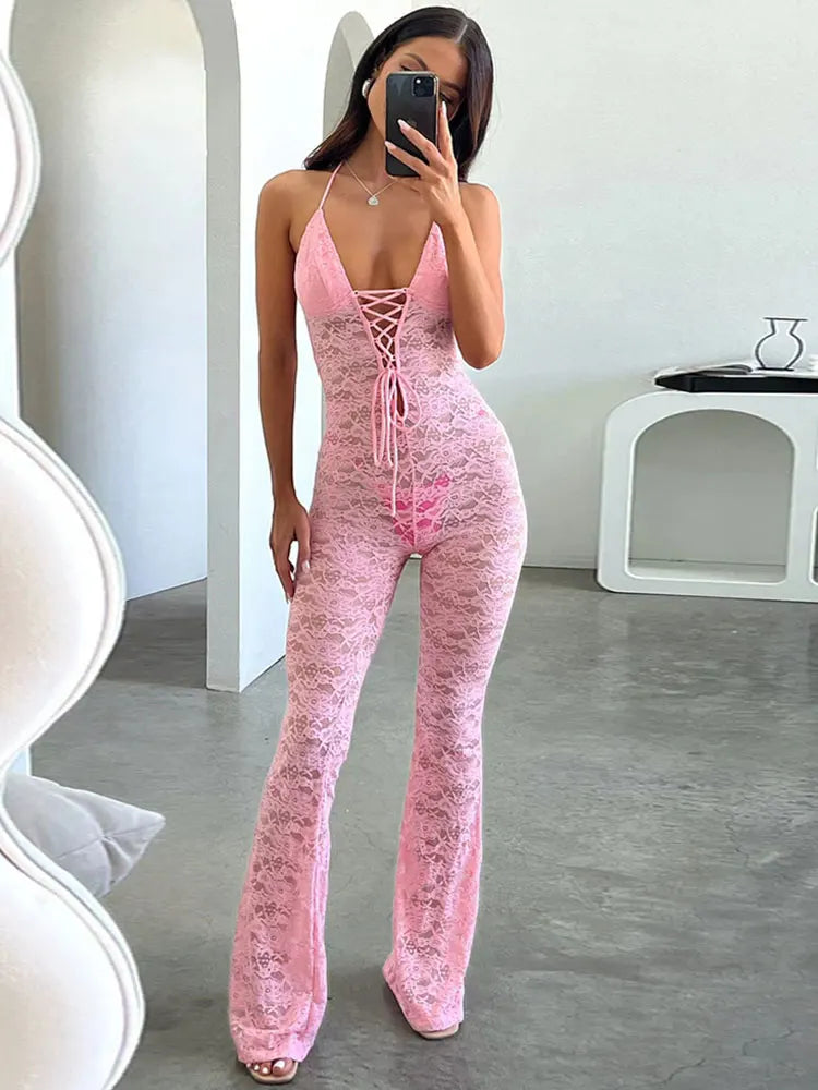 GACVGA Sexy Lace See Through Women Jumpsuit Backless Slim Streetwear Bandage Romper Lady Elegant Summer Party Nightclub Jumpsuit