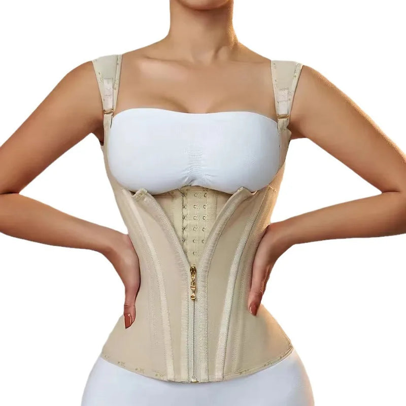 Colete de postura com cintura de malha elástica de alta qualidade com 15 ossos, modelo de barriga, cinto com cordão e zíper, top modelador retrô com seios grandes