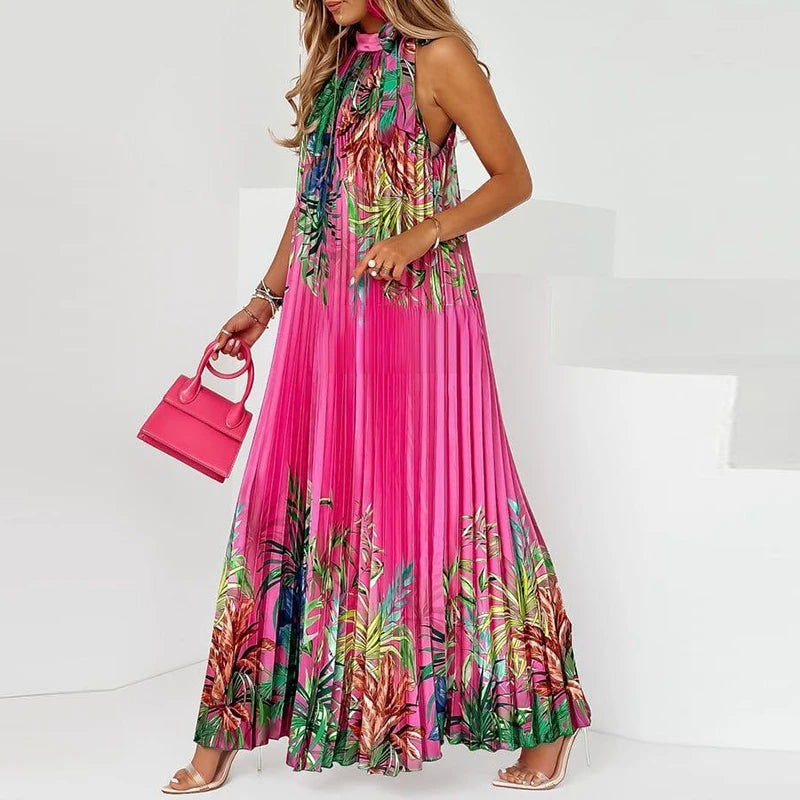 Lady Casual Loose Halter Pleated Maxi Dress Women Fashion Leaf Print Sleeveless Beach Boho Dress Elegant Halter Long Party Dress