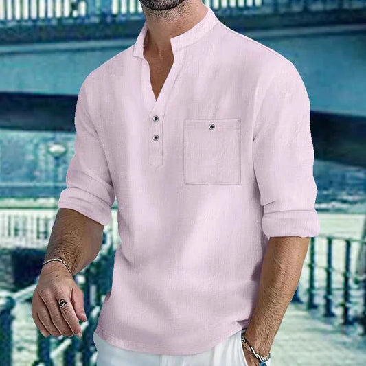 Men's Lightweight Shirts Long Sleeve Henley Cotton Linen Shirts for Male Beach Hawaiian V-neck Top Breathable Polo Shirts top