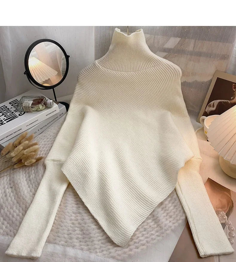 Asymmetric Knit Poncho Sweater for Women Soft Rib-knit Turtleneck Long Sleeve Pullovers Female Tops Autumn Winter Casual Outfit