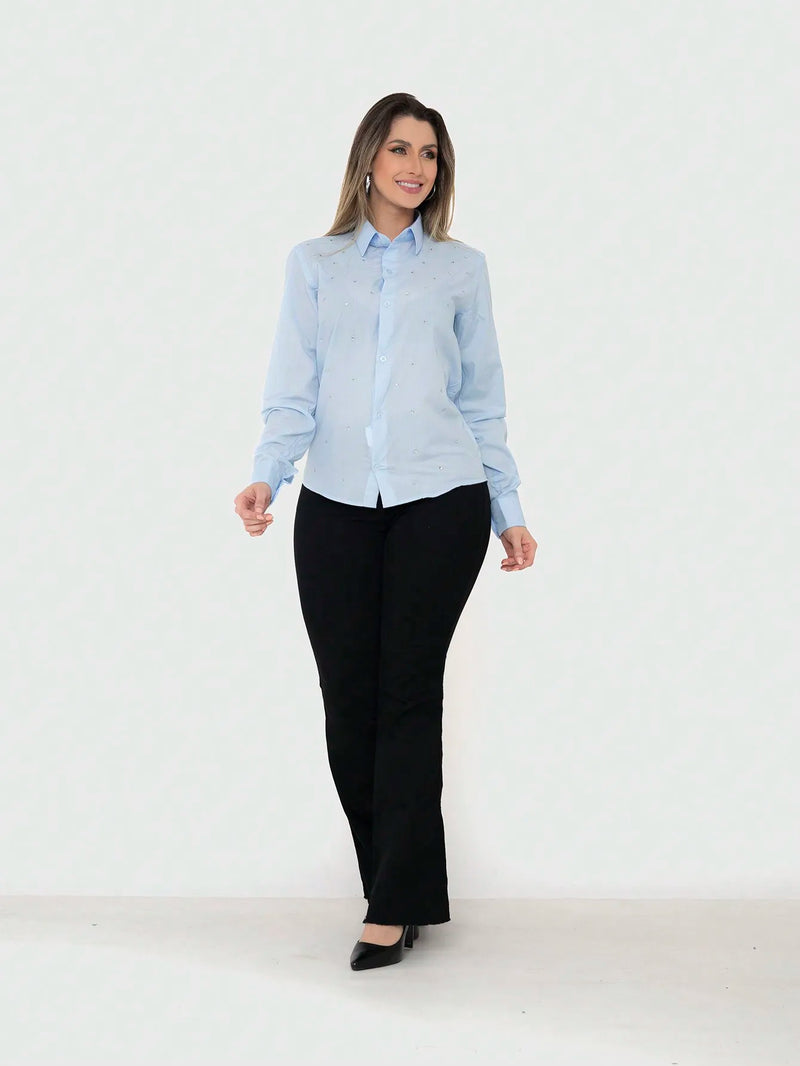 Women's KIT 2 Pieces-Baby Blue Social Shirt Long Sleeve with Rhinestone and Trousers Flare Jeans Black Lift Butt